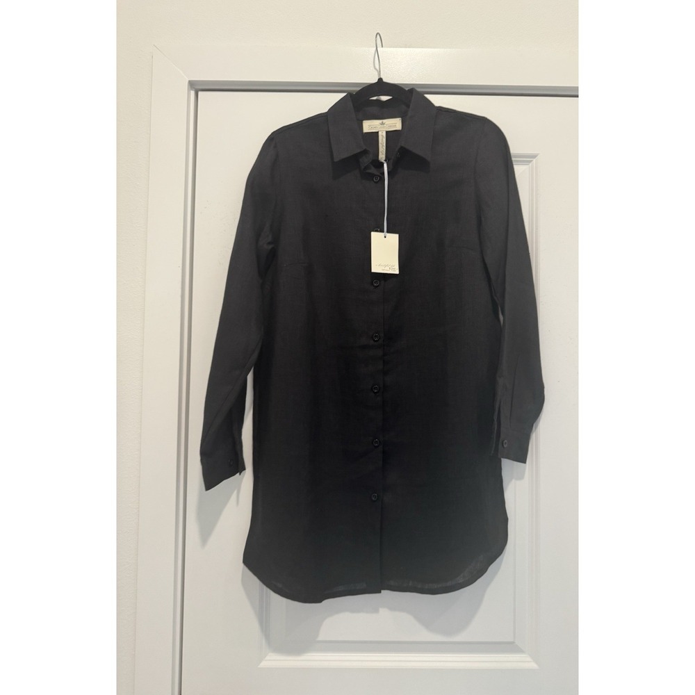 NWT Crown Linen Designs  Black 100% Linen Long Sleeve Tunic Sz XS Button Down - Picture 2 of 12